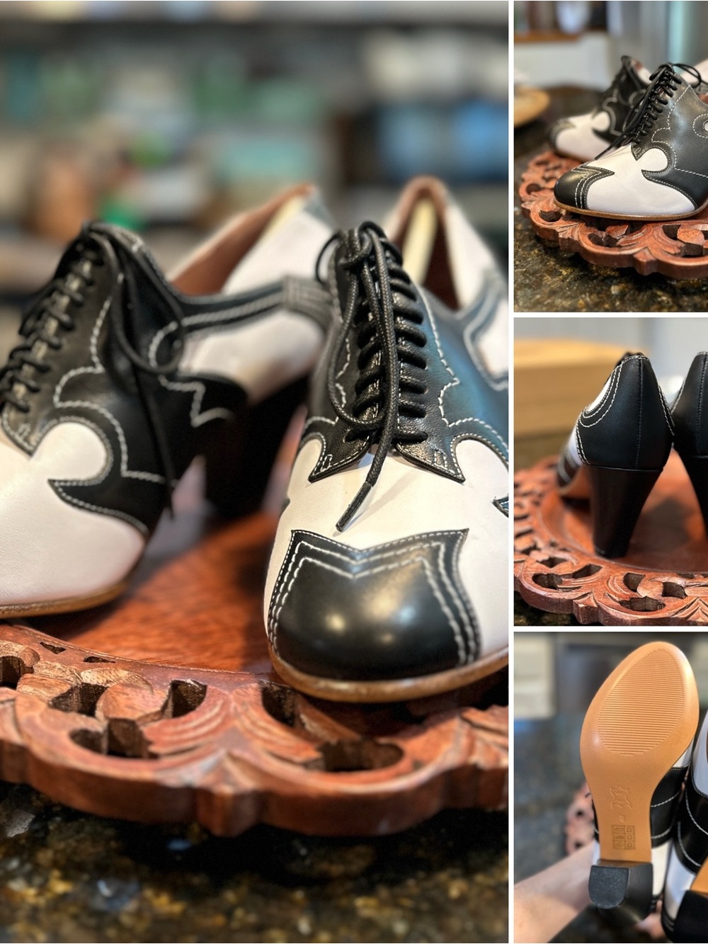 Black and White Lace-Up Retro Heel Oxfords for Women from American Duchess
